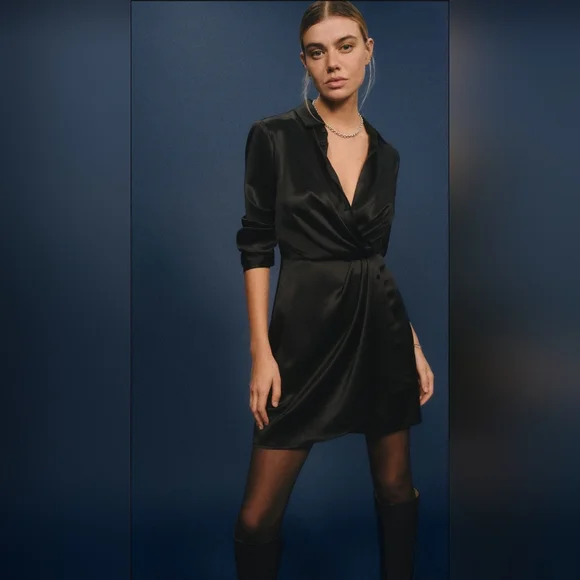 Reformation Alaine Silk Black Long Sleeve Mini Dress Size 4 Reformation Alaine Silk Black Long Sleeve Mini Dress Size 4